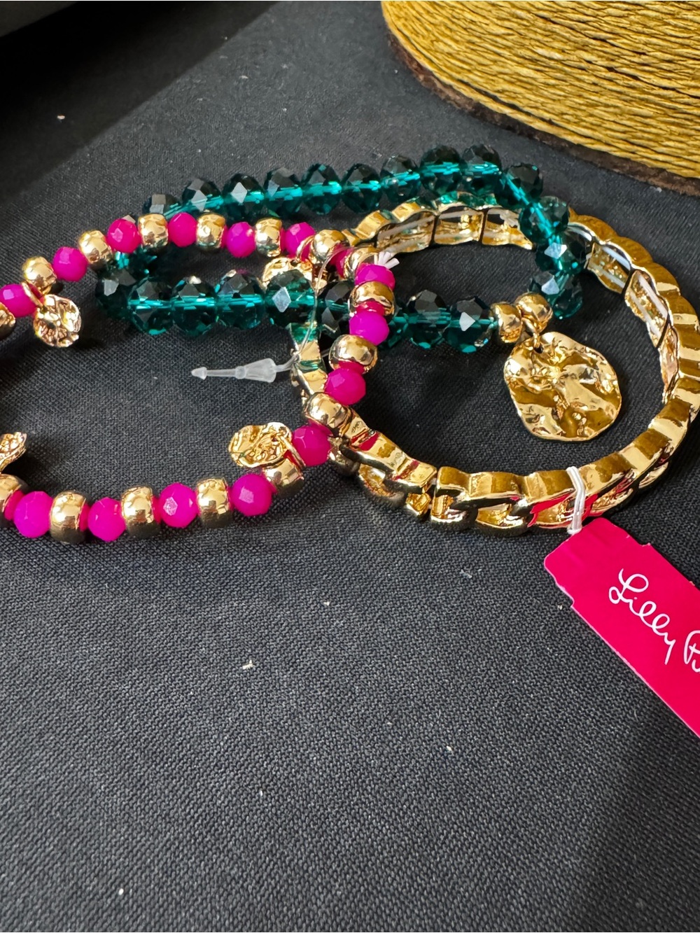 Lilly Pulitzer Hot Pink, Emerald & Gold Bracelet Stack